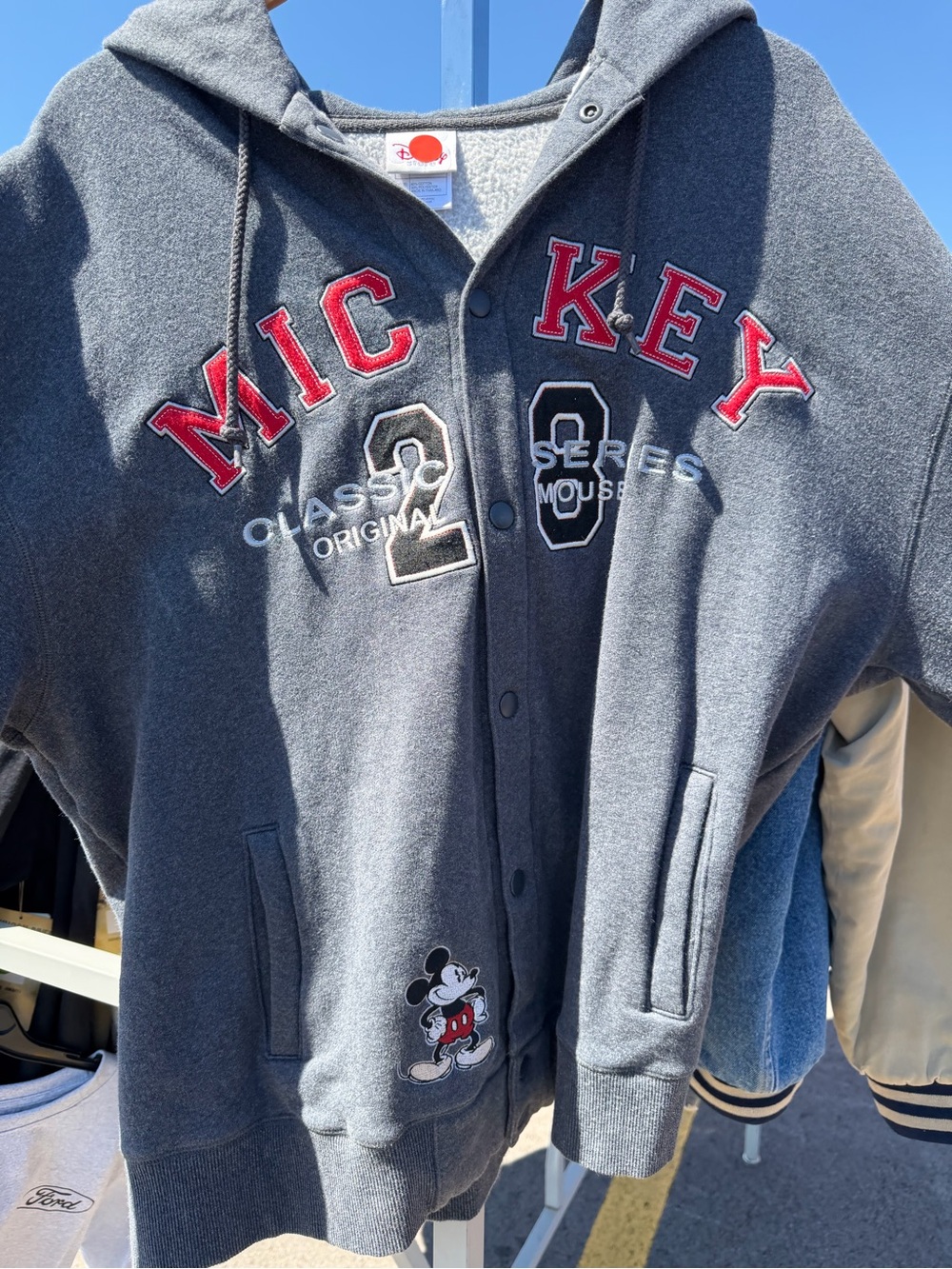 Disney Charcoal Snap-Up Hoodie with Red Lettering